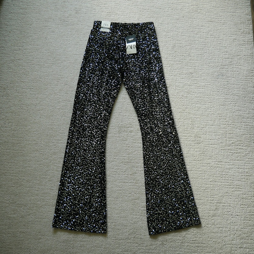 Zara Festive Days Black Sequin Flare Fit Pants Womens Medium NWT 9860/222